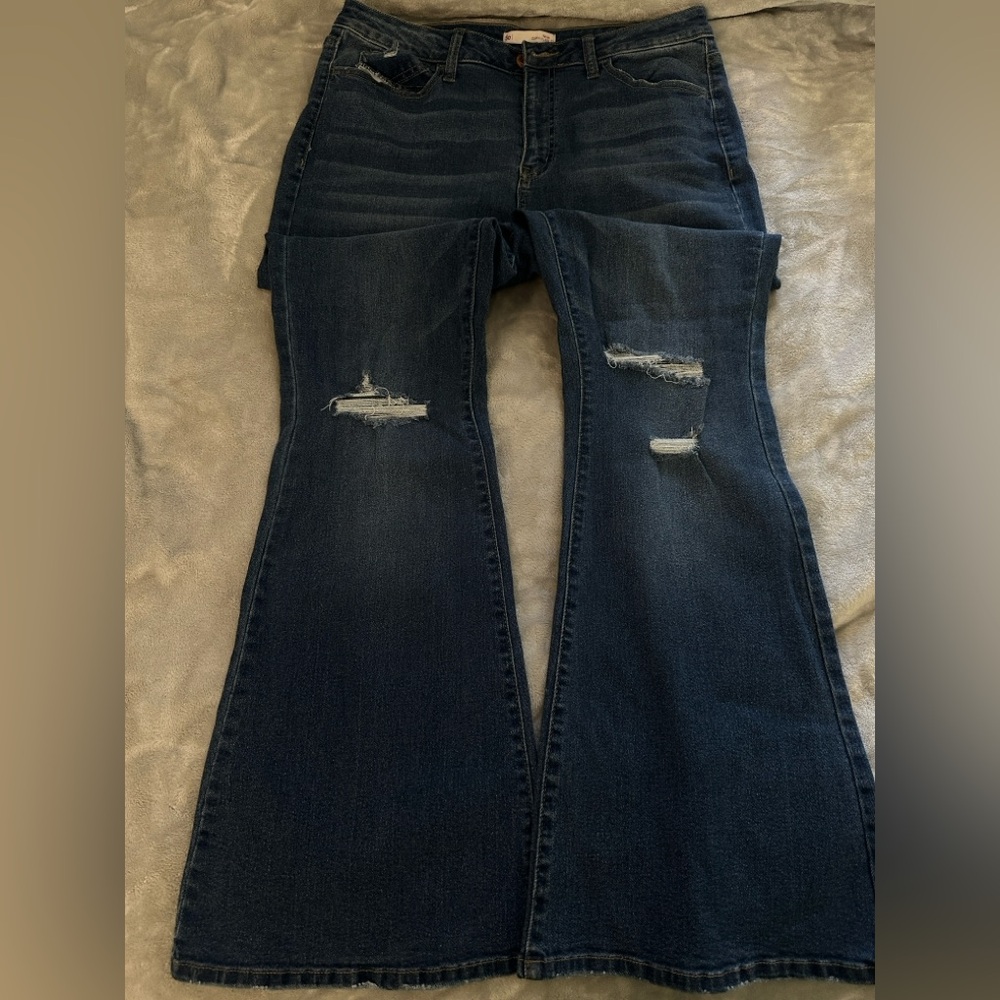 SO Blue Flare Wide Leg Jeans with Distressed Details